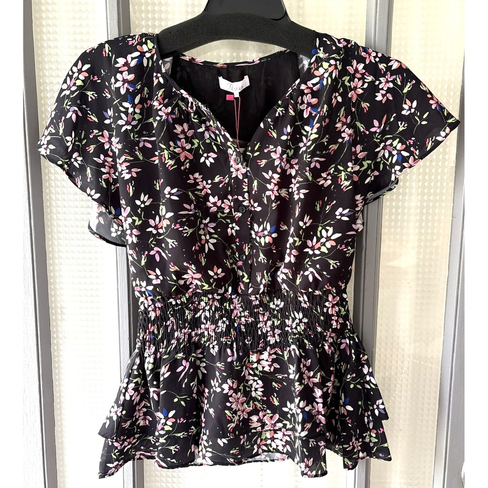 Parker New York Lisse Floral Smocked Peplum Top  Flutter Sleeve P8H4490PGP XS